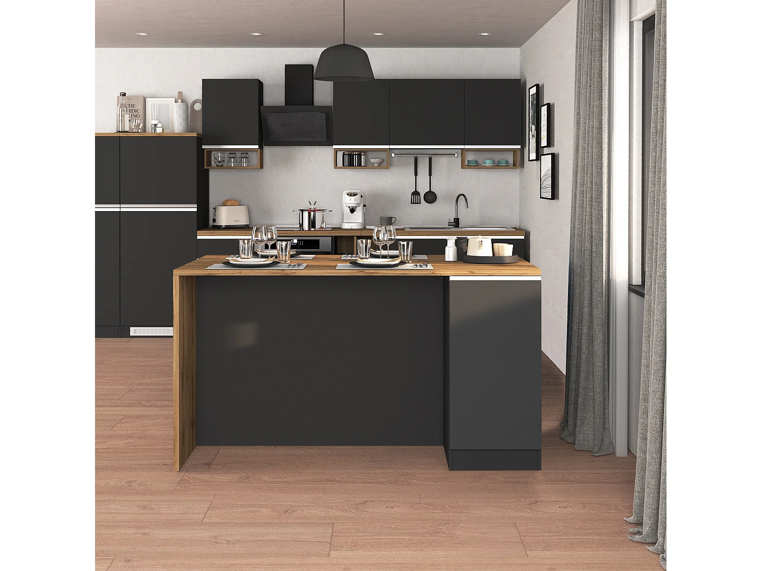 Îlot de cuisine Sole à 2 portes anthracite mat/chêne 160x90x90 cm