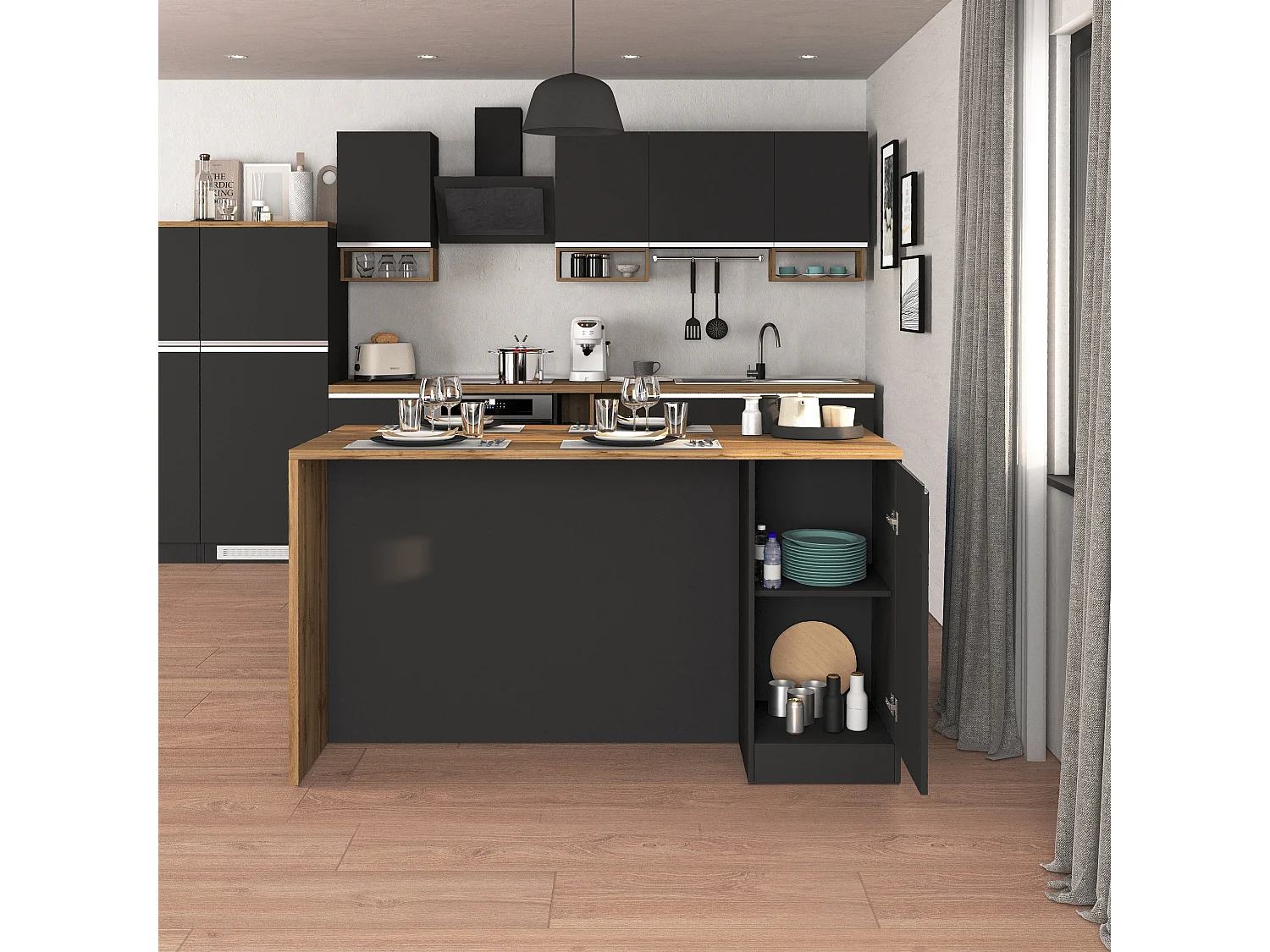 Îlot de cuisine Sole à 2 portes anthracite mat/chêne 160x90x90 cm
