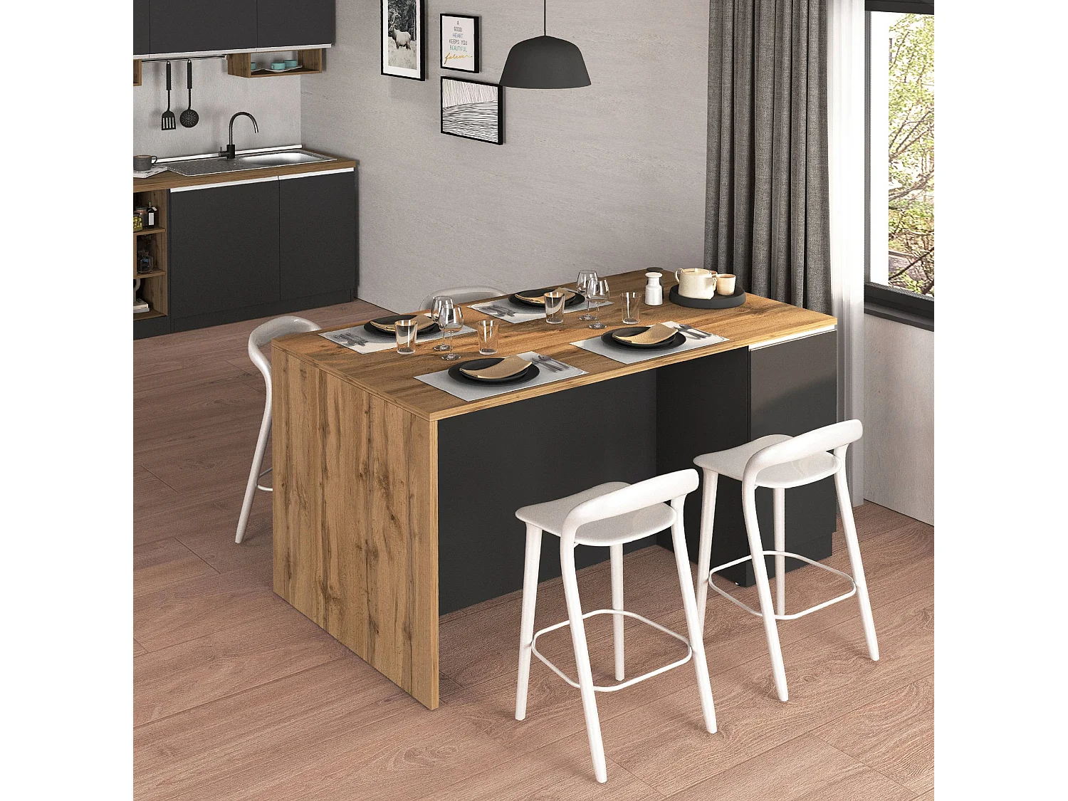 Îlot de cuisine Sole à 2 portes anthracite mat/chêne 160x90x90 cm