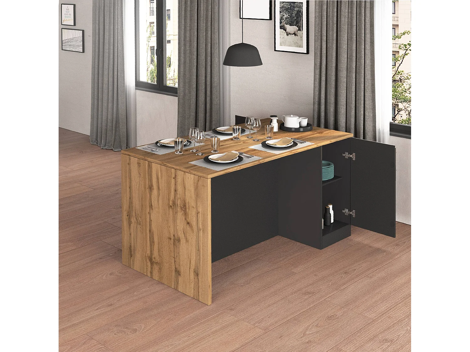Îlot de cuisine Sole à 2 portes anthracite mat/chêne 160x90x90 cm