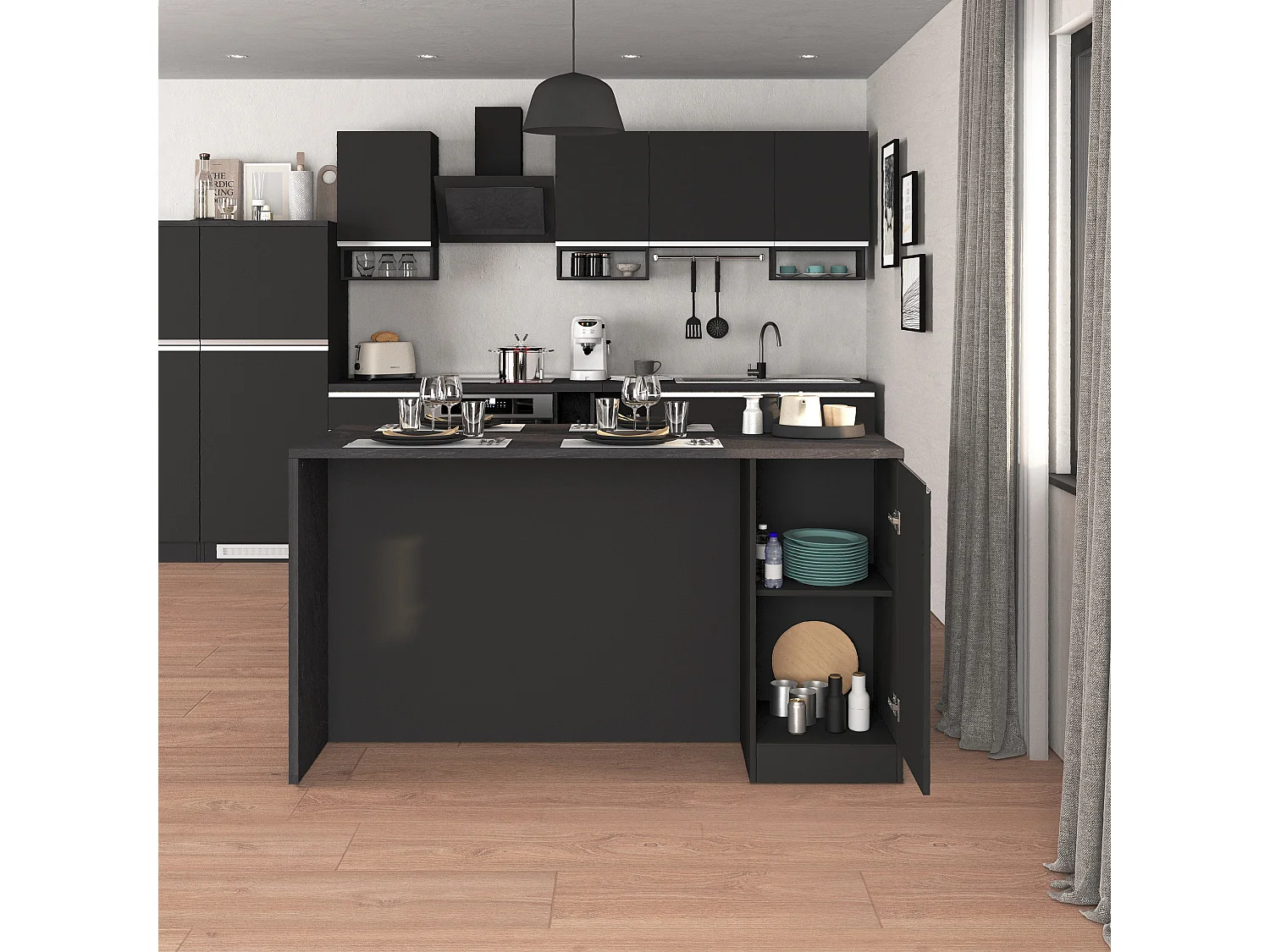 Isla de cocina Sole con 2 puertas en antracita mate/report 160x90x90 cm