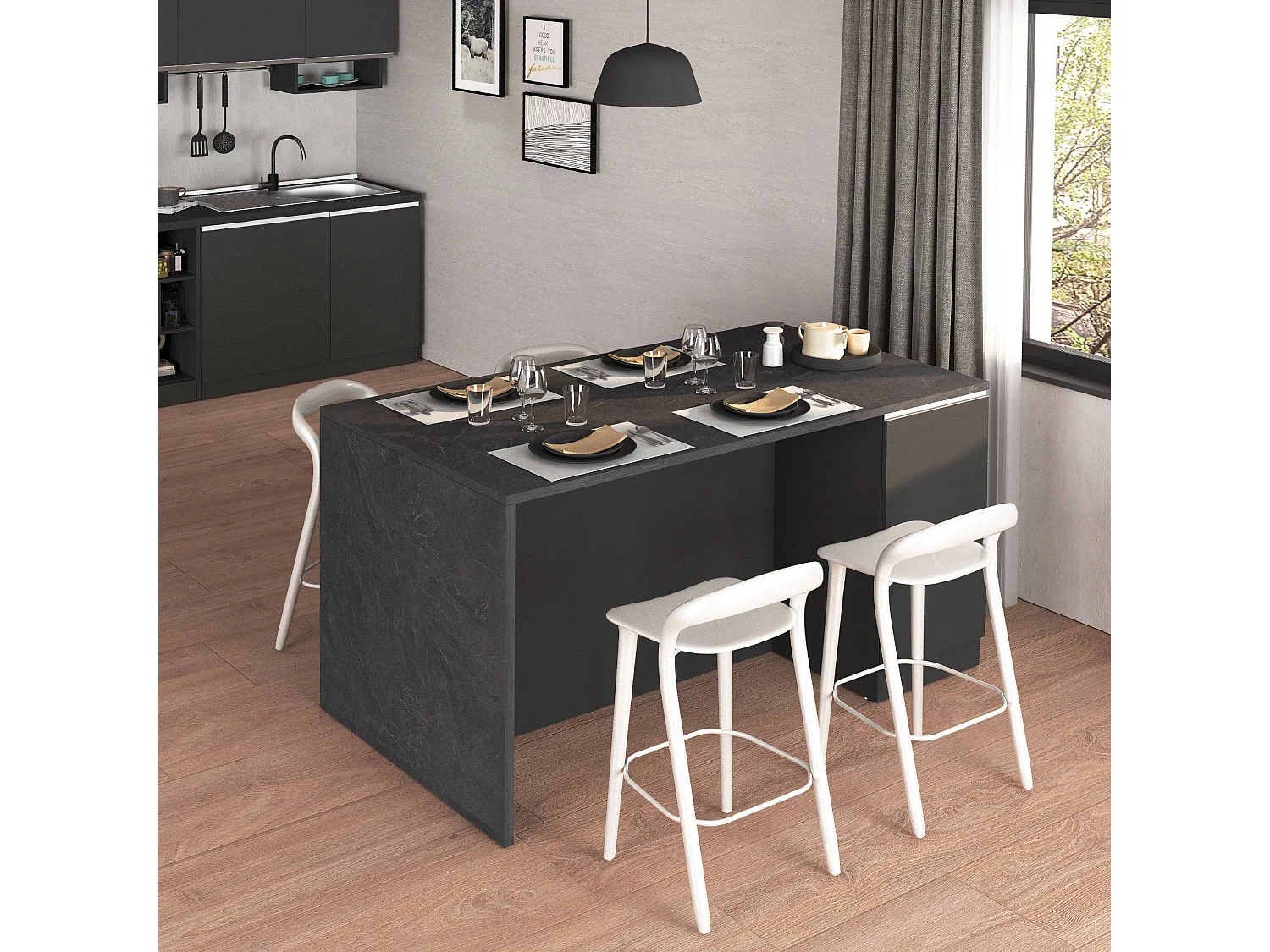 Isla de cocina Sole con 2 puertas en antracita mate/report 160x90x90 cm