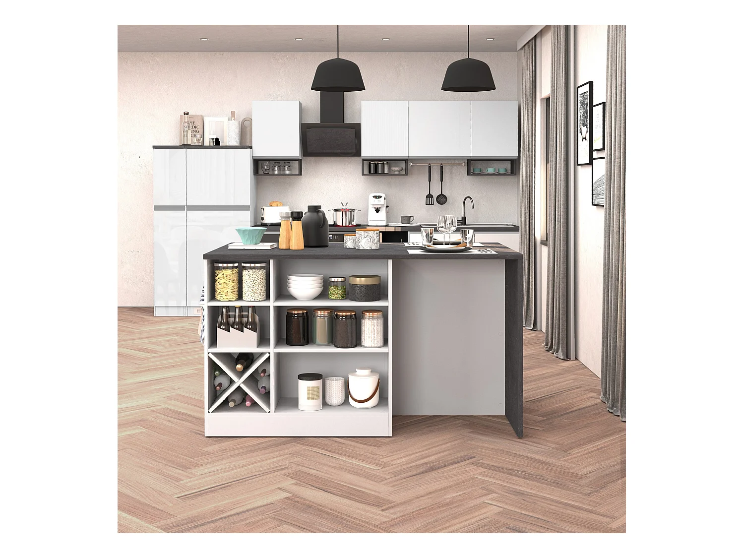 Isola da cucina Sole con 1 anta 2 cassetti e 6 vani bianco lucido/report 153x90x91 cm