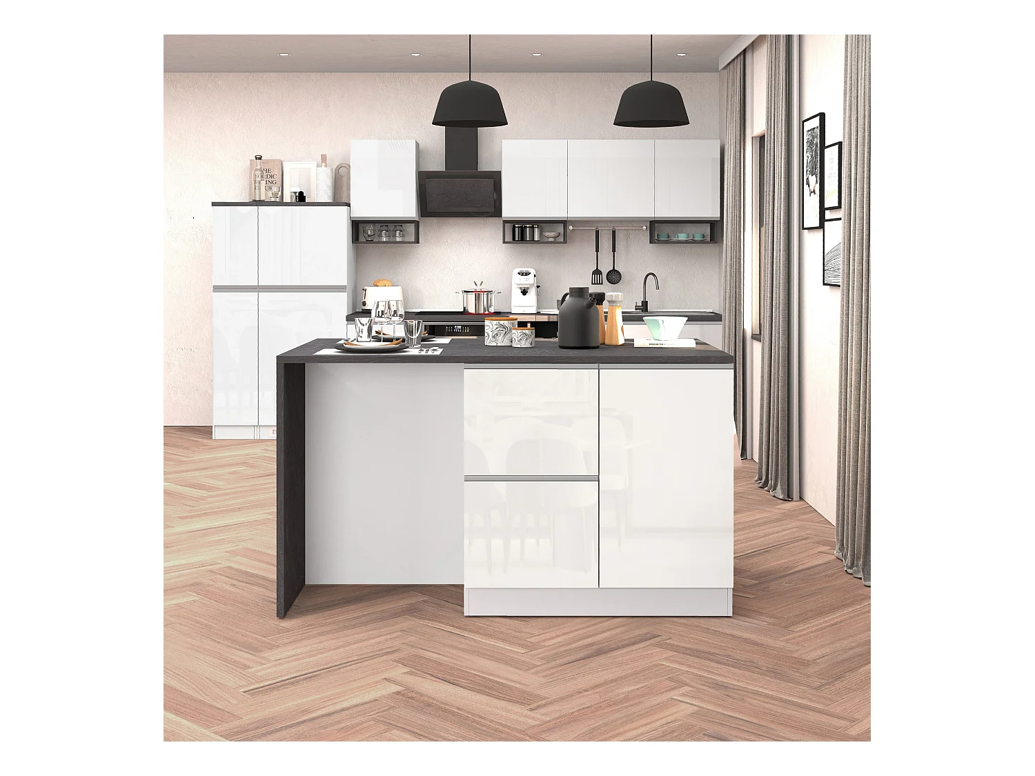 Isola da cucina Sole con 1 anta 2 cassetti e 6 vani bianco lucido/report 153x90x91 cm