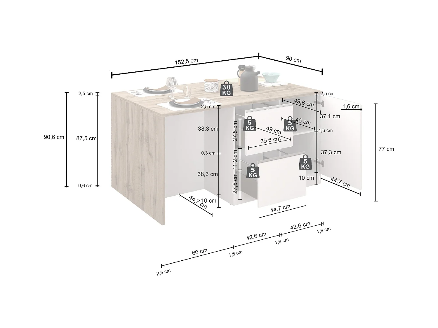 Isola da cucina Sole con 1 anta 2 cassetti e 6 vani bianco lucido/report 153x90x91 cm