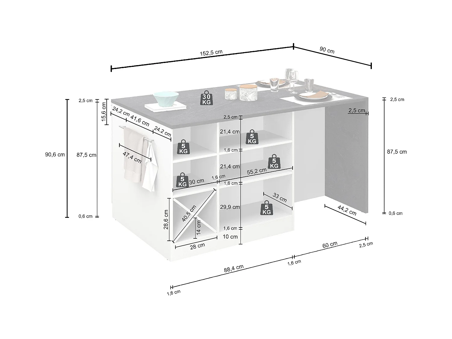 Isola da cucina Sole con 1 anta 2 cassetti e 6 vani bianco lucido/report 153x90x91 cm