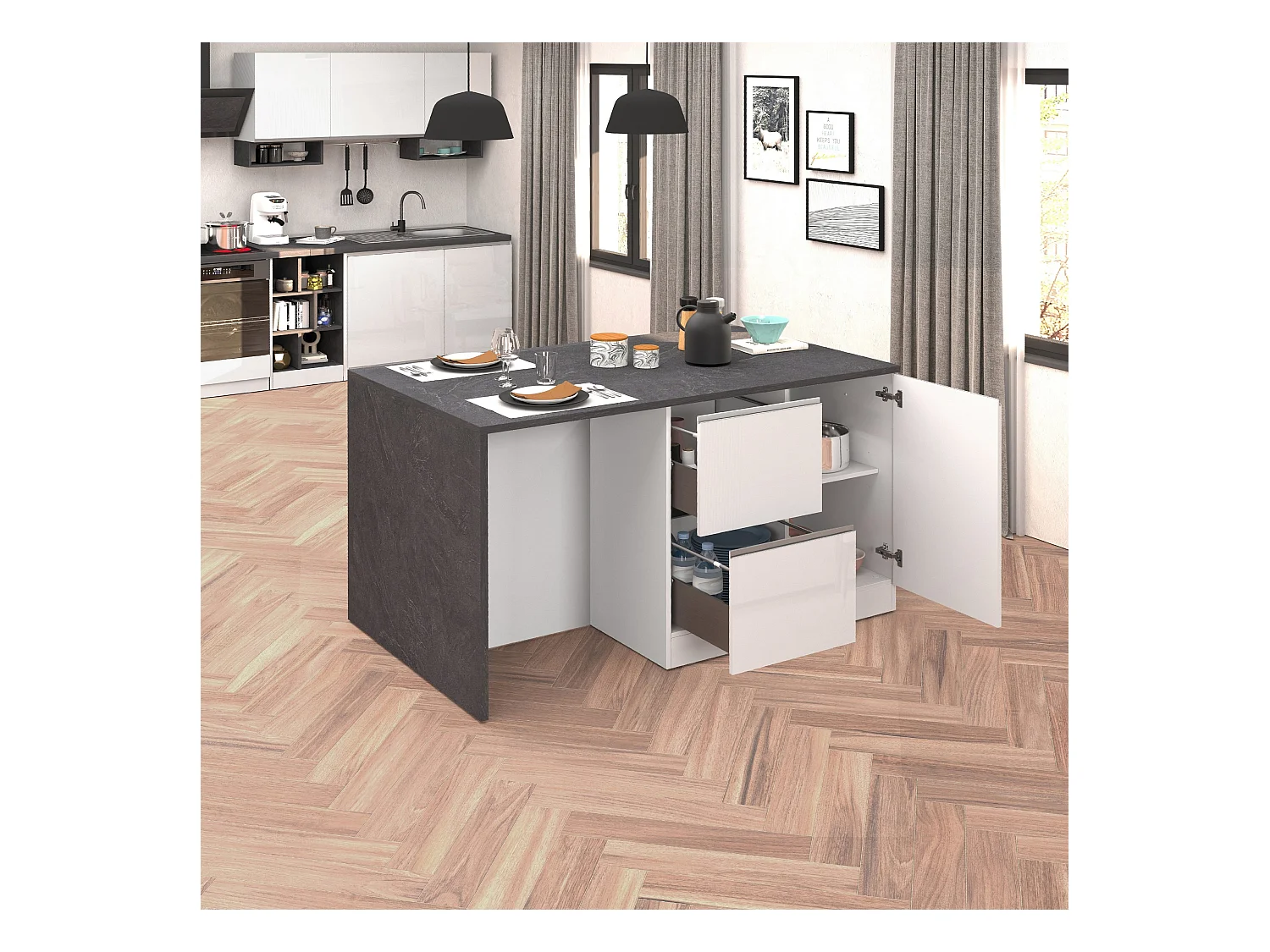 Isola da cucina Sole con 1 anta 2 cassetti e 6 vani bianco lucido/report 153x90x91 cm