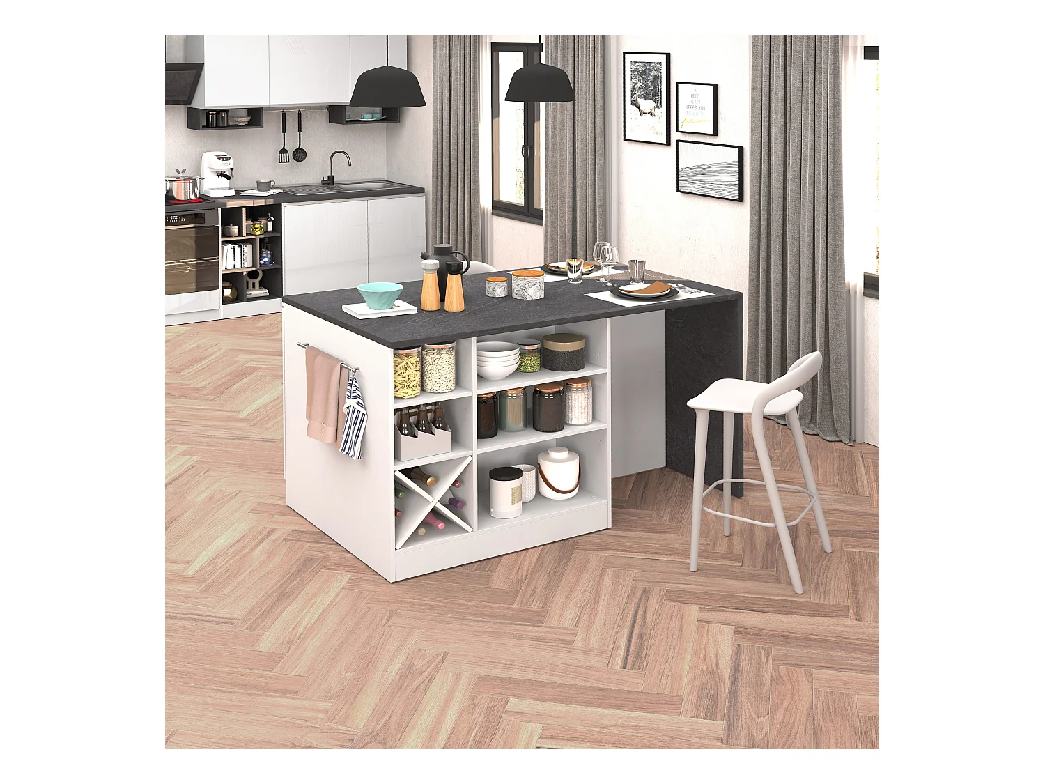 Isola da cucina Sole con 1 anta 2 cassetti e 6 vani bianco lucido/report 153x90x91 cm