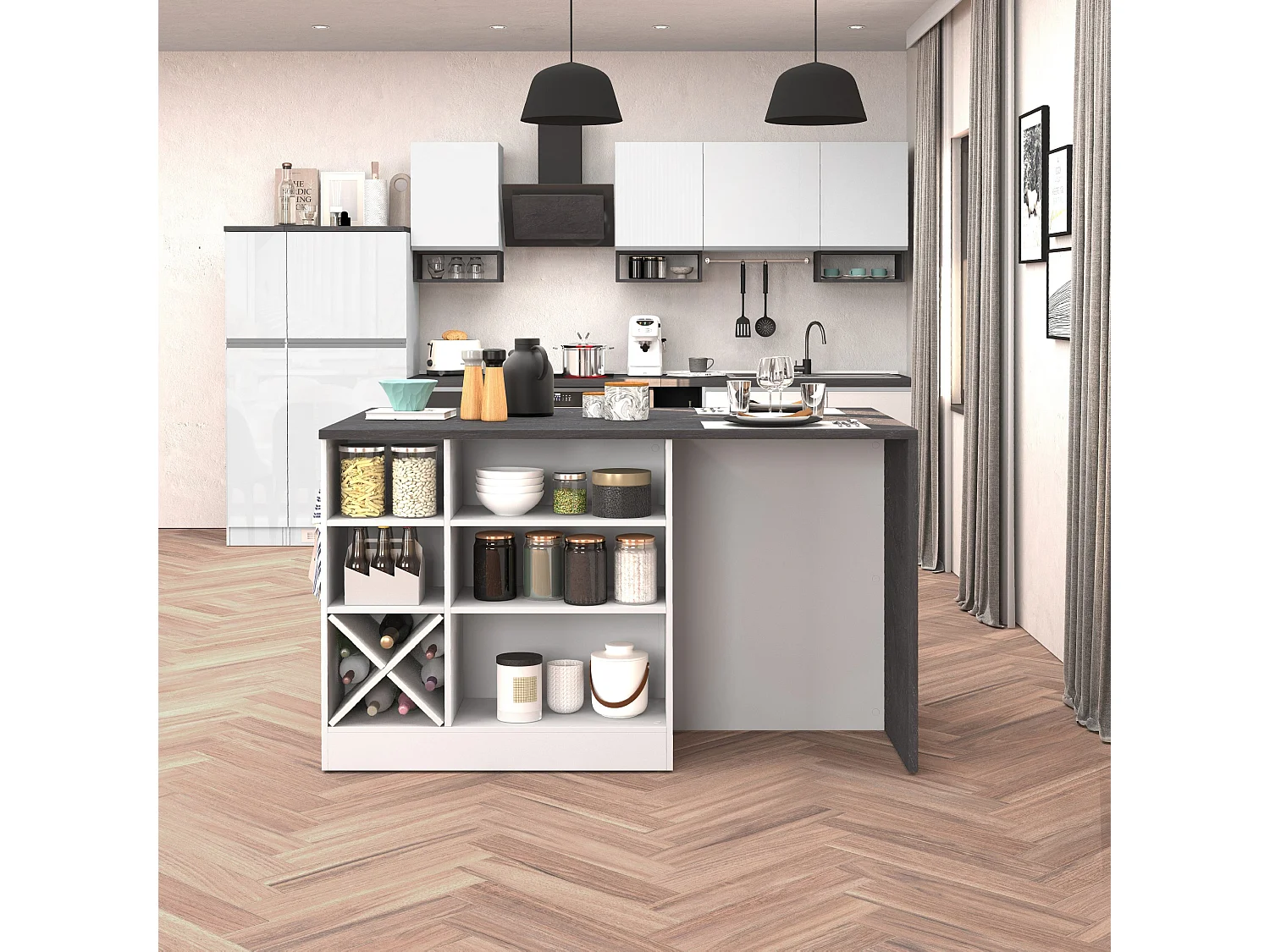 Isola da cucina Sole con 1 anta 2 cassetti e 6 vani bianco lucido/report 153x90x91 cm