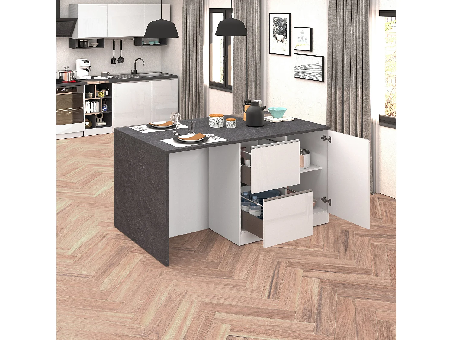 Isola da cucina Sole con 1 anta 2 cassetti e 6 vani bianco lucido/report 153x90x91 cm