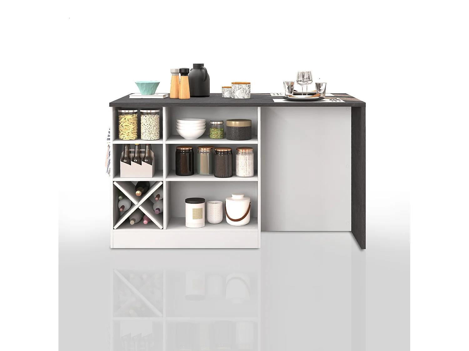 Îlot de cuisine Sole avec 1 porte, 2 tiroirs et 6 compartiments blanc brillant/ardoise report 153x90x91 cm