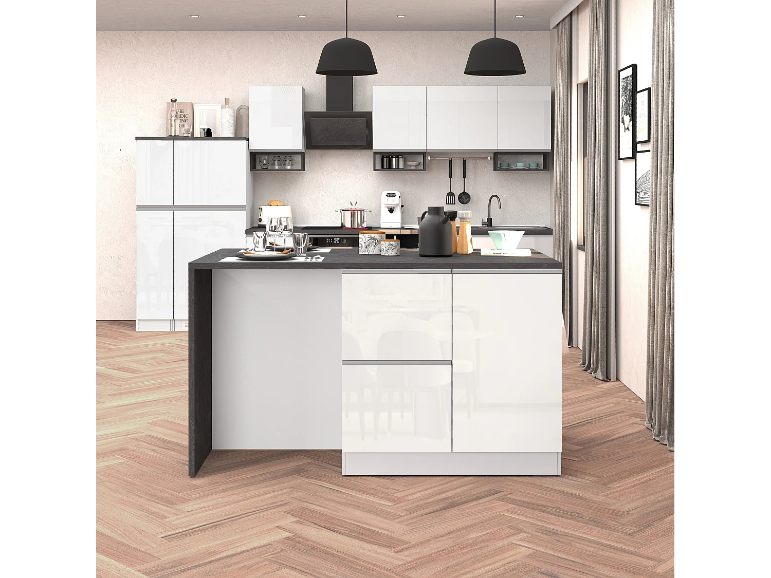 Îlot de cuisine Sole avec 1 porte, 2 tiroirs et 6 compartiments blanc brillant/ardoise report 153x90x91 cm