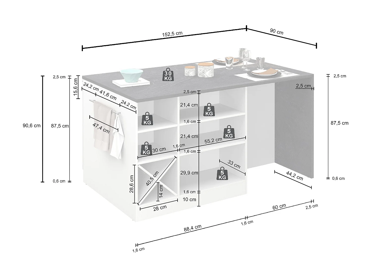 Îlot de cuisine Sole avec 1 porte, 2 tiroirs et 6 compartiments blanc brillant/ardoise report 153x90x91 cm