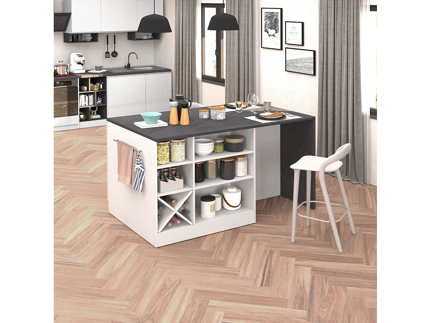 Îlot de cuisine Sole avec 1 porte, 2 tiroirs et 6 compartiments blanc brillant/ardoise report 153x90x91 cm