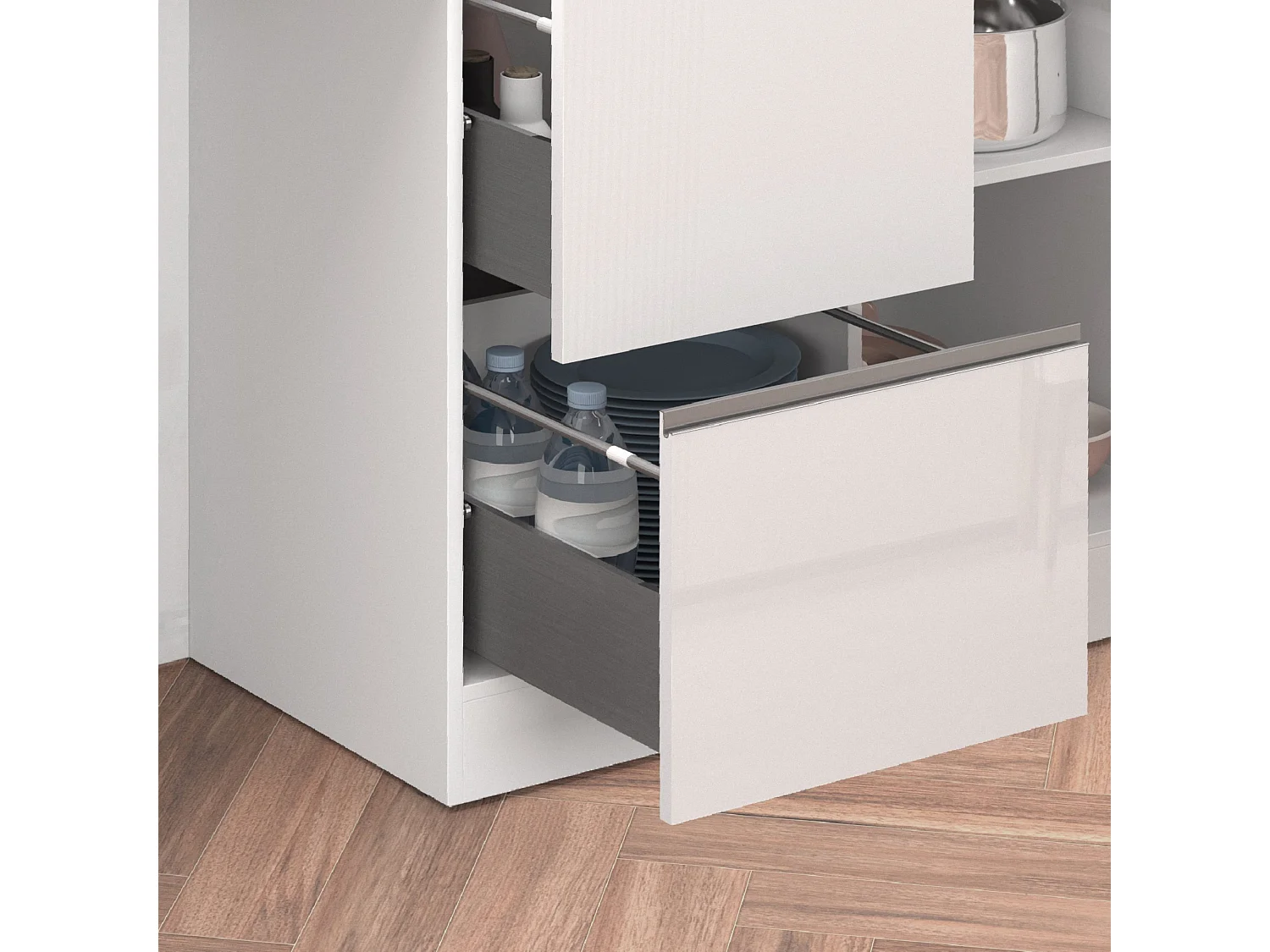 Îlot de cuisine Sole avec 1 porte, 2 tiroirs et 6 compartiments blanc brillant/ardoise report 153x90x91 cm