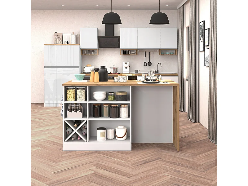 Isola da cucina Sole con 1 anta 2 cassetti e 6 vani bianco lucido/rovere 153x90x91 cm