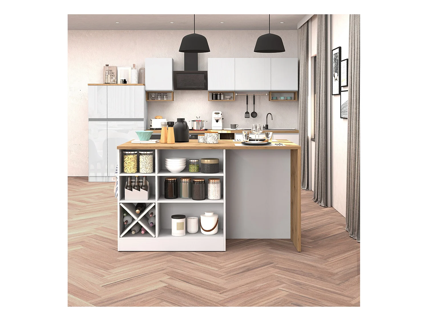 Isola da cucina Sole con 1 anta 2 cassetti e 6 vani bianco lucido/rovere 153x90x91 cm
