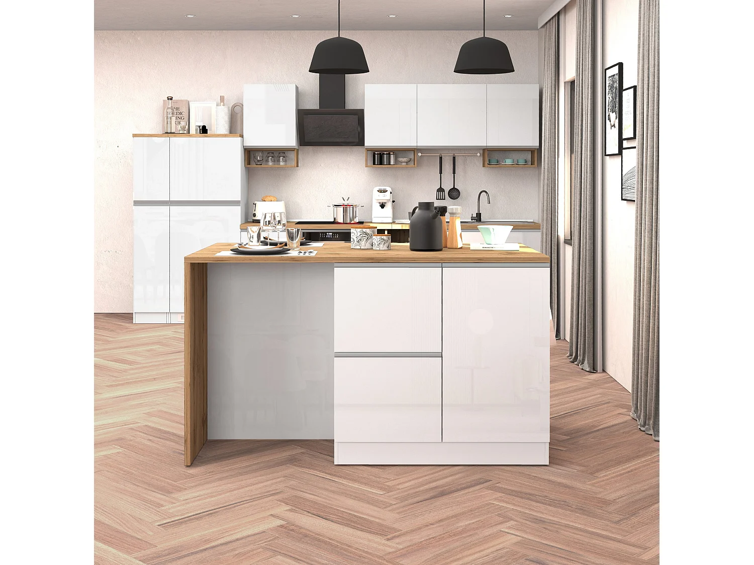 Isola da cucina Sole con 1 anta 2 cassetti e 6 vani bianco lucido/rovere 153x90x91 cm