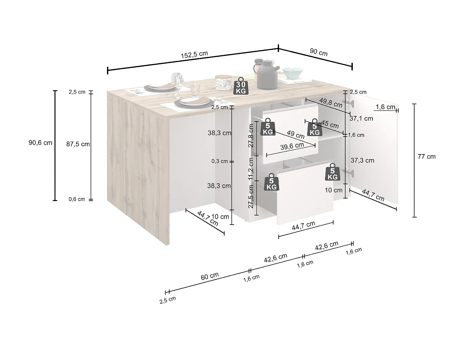 Isola da cucina Sole con 1 anta 2 cassetti e 6 vani bianco lucido/rovere 153x90x91 cm