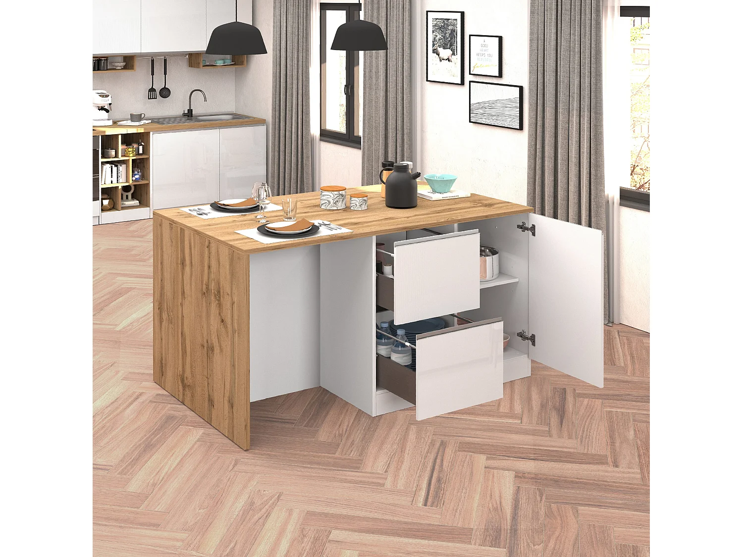 Isola da cucina Sole con 1 anta 2 cassetti e 6 vani bianco lucido/rovere 153x90x91 cm