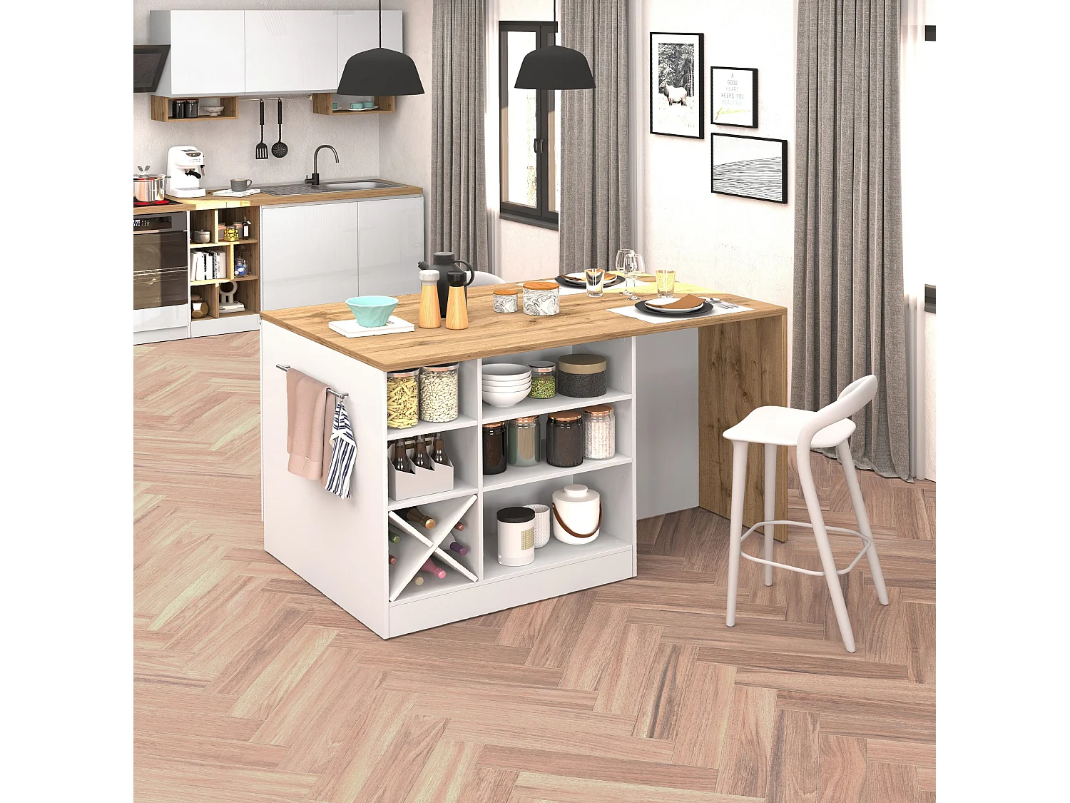 Isola da cucina Sole con 1 anta 2 cassetti e 6 vani bianco lucido/rovere 153x90x91 cm