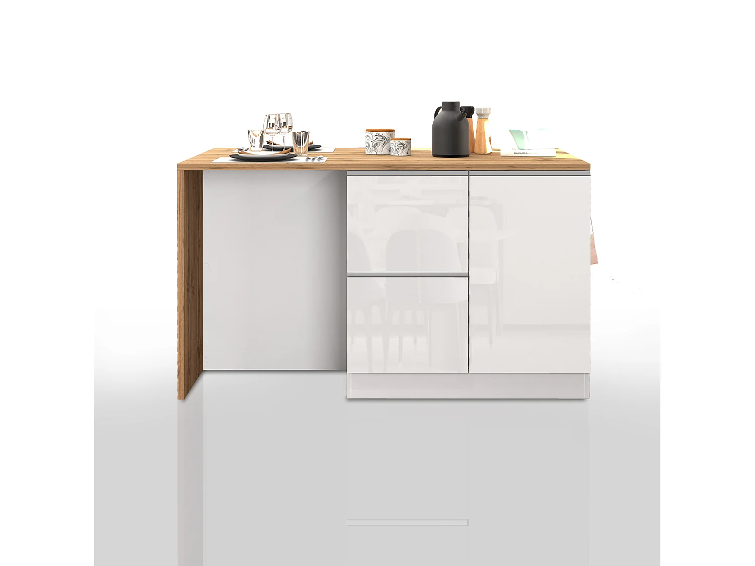 Isola da cucina Sole con 1 anta 2 cassetti e 6 vani bianco lucido/rovere 153x90x91 cm