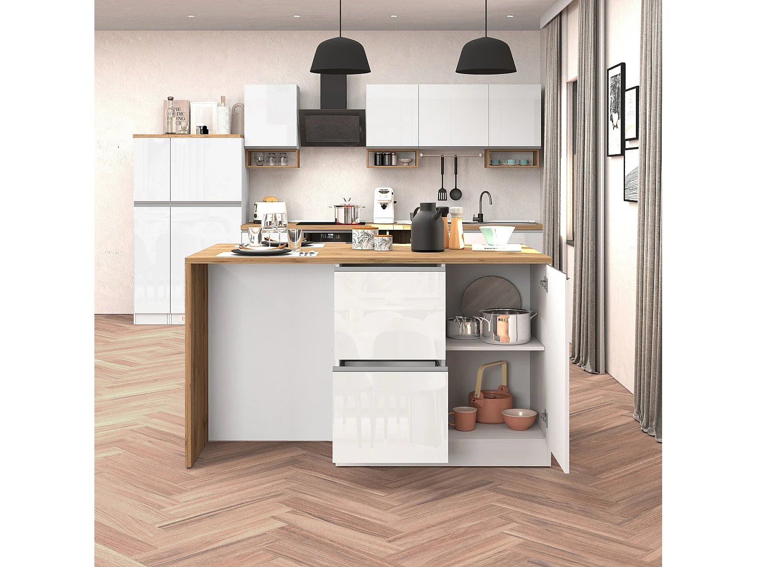 Isola da cucina Sole con 1 anta 2 cassetti e 6 vani bianco lucido/rovere 153x90x91 cm