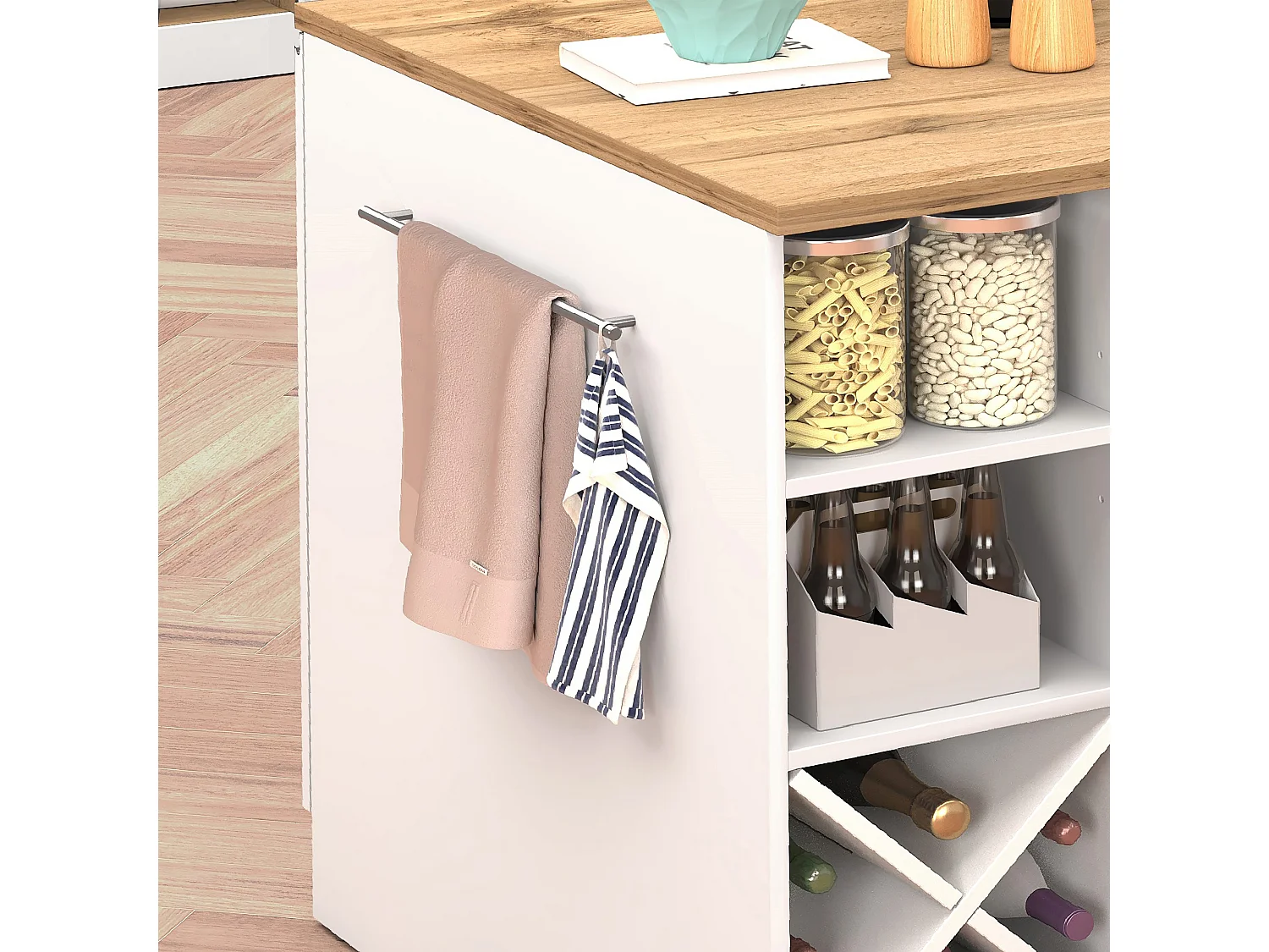 Isola da cucina Sole con 1 anta 2 cassetti e 6 vani bianco lucido/rovere 153x90x91 cm