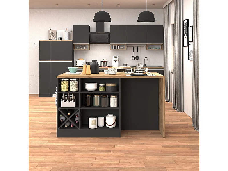 Isola da cucina Sole con 1 anta 2 cassetti e 6 vani antracite opaco/rovere 153x90x91 cm