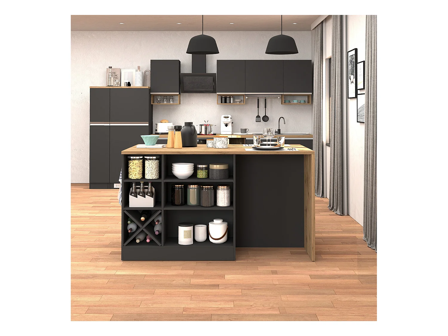 Isola da cucina Sole con 1 anta 2 cassetti e 6 vani antracite opaco/rovere 153x90x91 cm