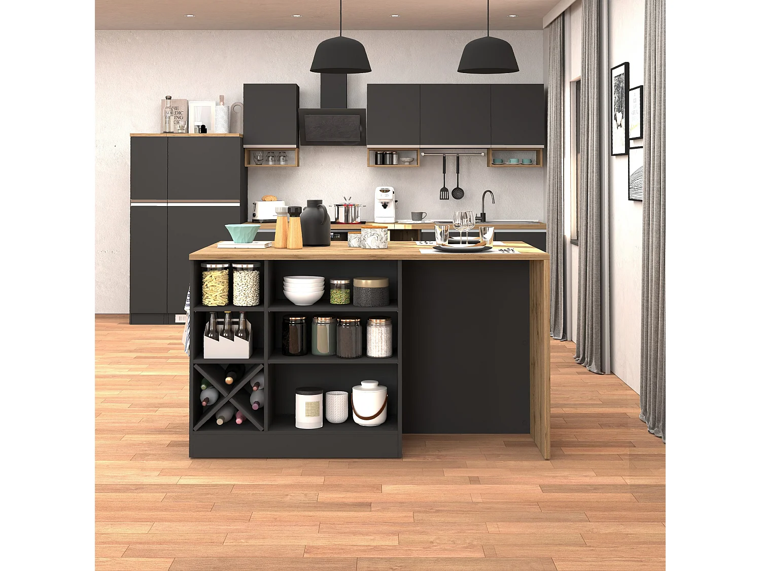 Isola da cucina Sole con 1 anta 2 cassetti e 6 vani antracite opaco/rovere 153x90x91 cm