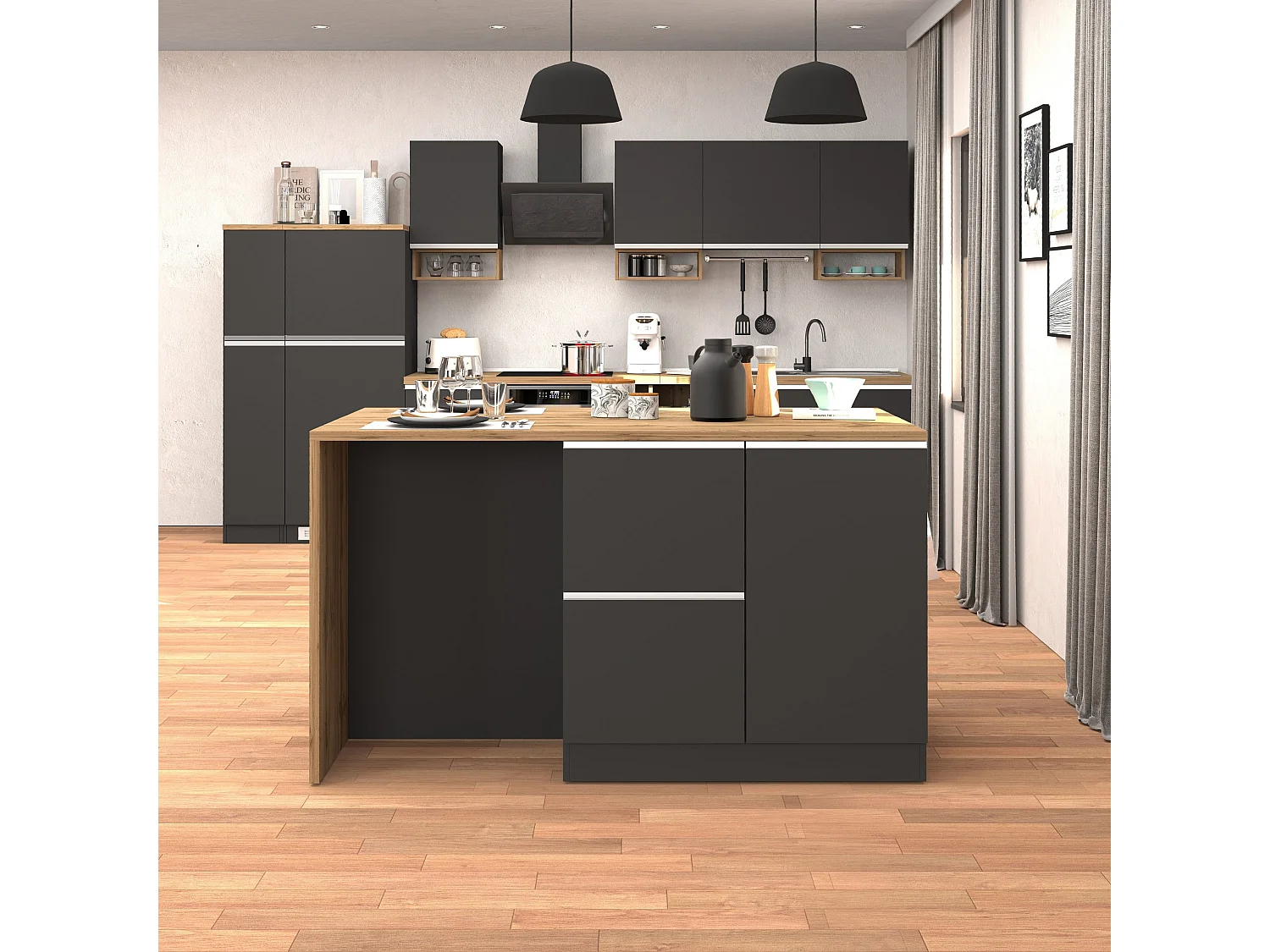 Isola da cucina Sole con 1 anta 2 cassetti e 6 vani antracite opaco/rovere 153x90x91 cm