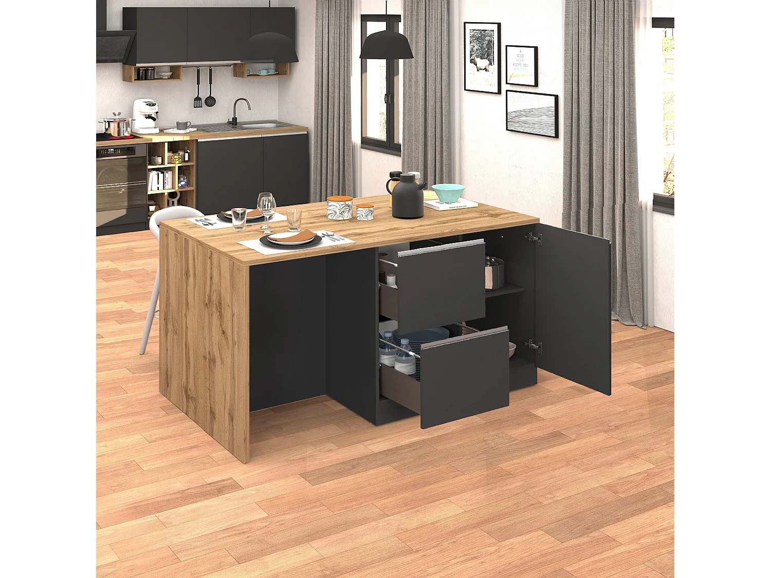 Isola da cucina Sole con 1 anta 2 cassetti e 6 vani antracite opaco/rovere 153x90x91 cm