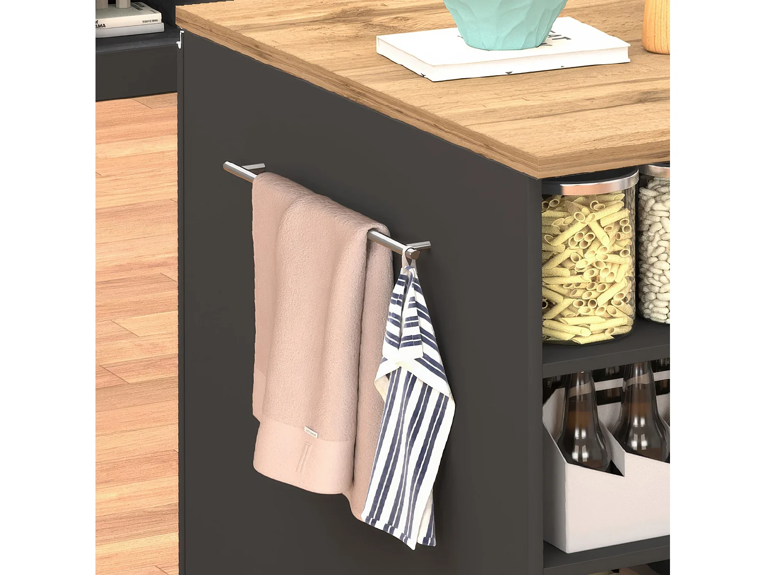 Isola da cucina Sole con 1 anta 2 cassetti e 6 vani antracite opaco/rovere 153x90x91 cm