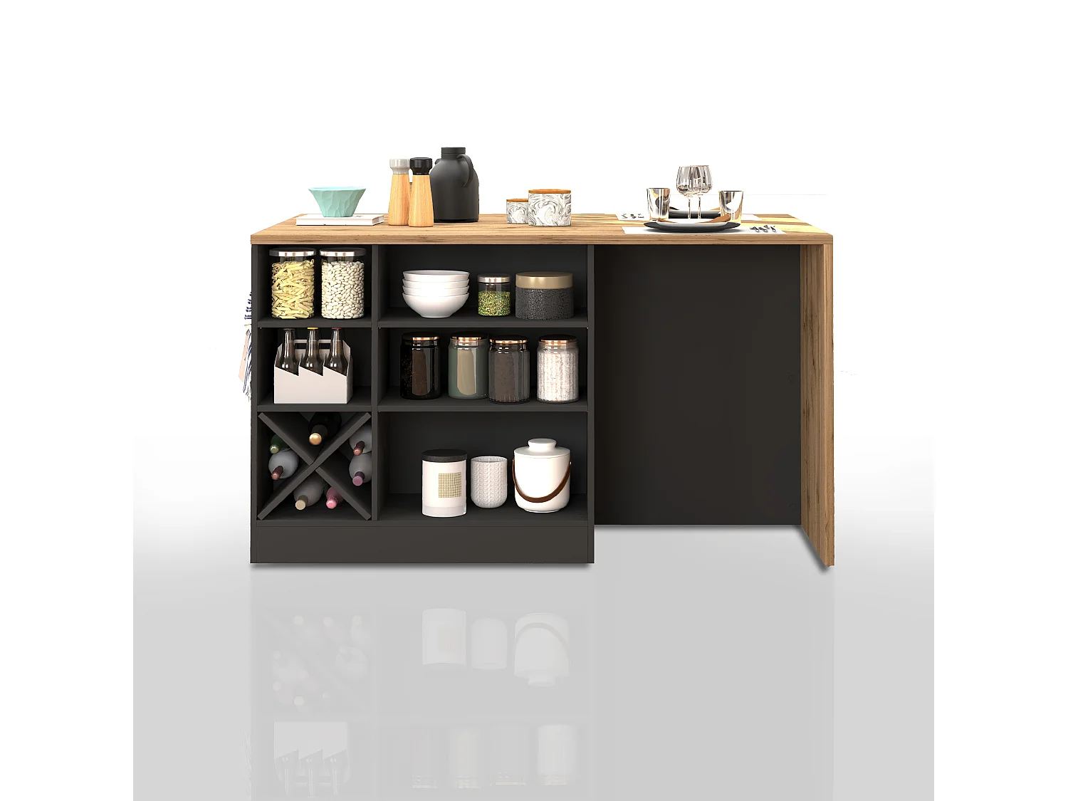 Isola da cucina Sole con 1 anta 2 cassetti e 6 vani antracite opaco/rovere 153x90x91 cm