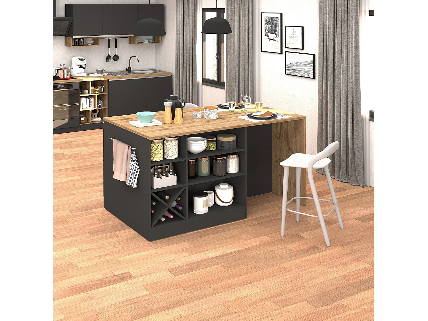 Isola da cucina Sole con 1 anta 2 cassetti e 6 vani antracite opaco/rovere 153x90x91 cm