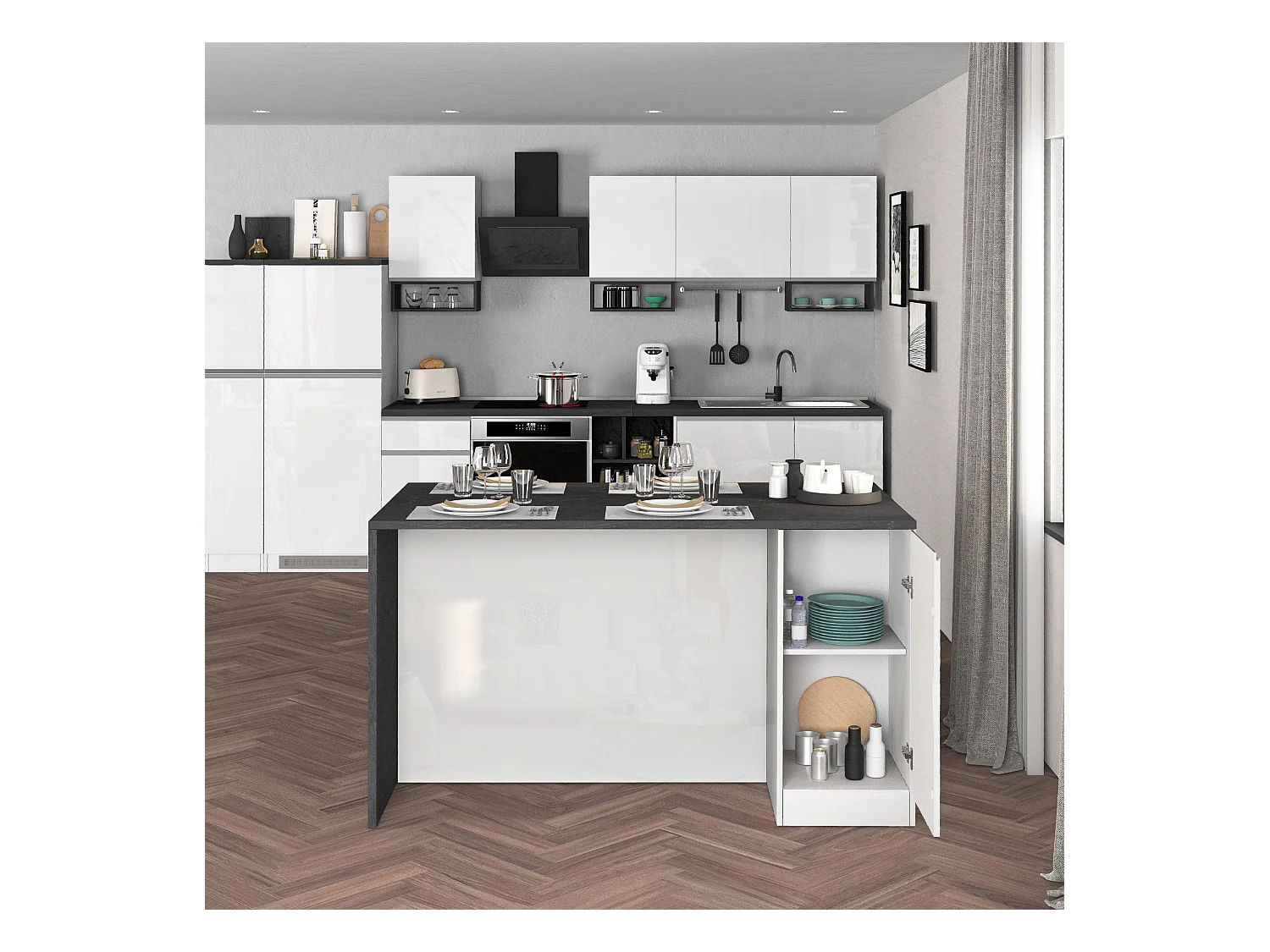 Isola da cucina Sole a 2 ante bianco lucido e report 160x90x90 cm