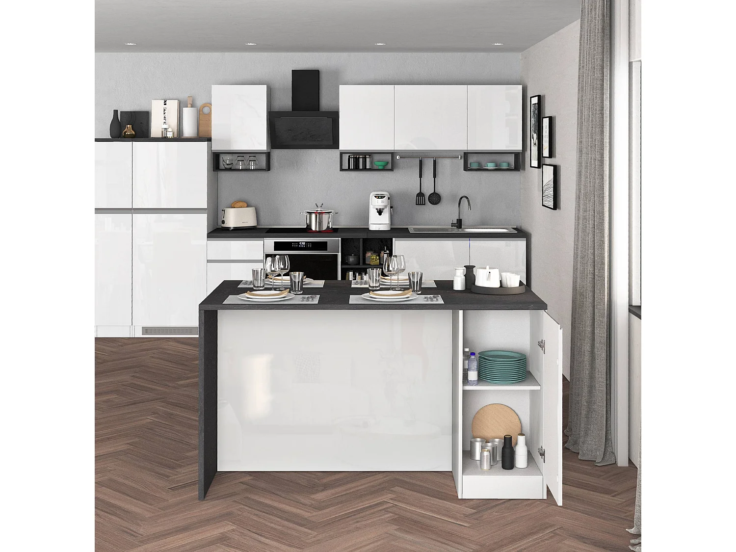 Isola da cucina Sole a 2 ante bianco lucido e report 160x90x90 cm