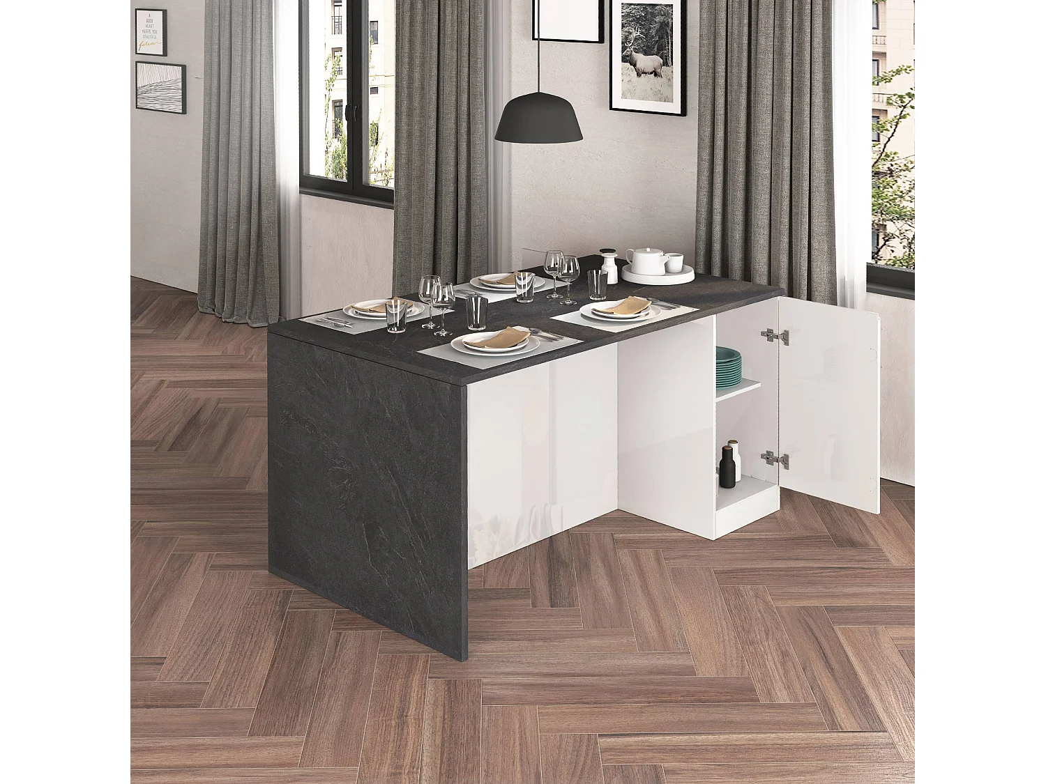 Isola da cucina Sole a 2 ante bianco lucido e report 160x90x90 cm