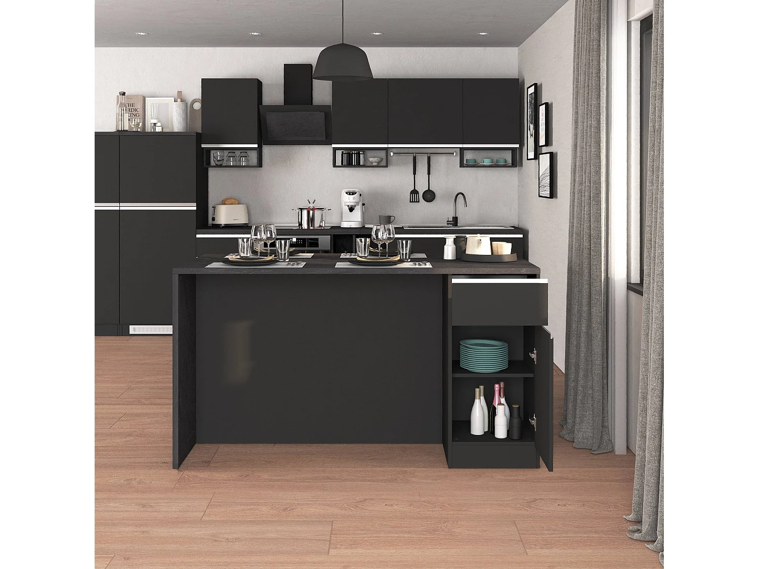 Isola da cucina Sole a 2 ante e 2 cassetti antracite opaco/report 160x90x90 cm