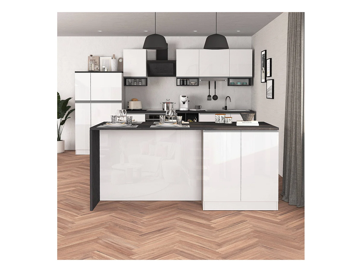 Isola da cucina Sole a 4 ante bianco lucido e report 200x90x90 cm