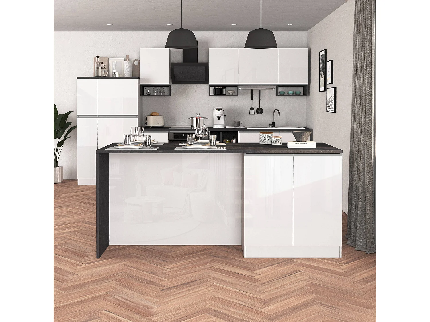 Isola da cucina Sole a 4 ante bianco lucido e report 200x90x90 cm