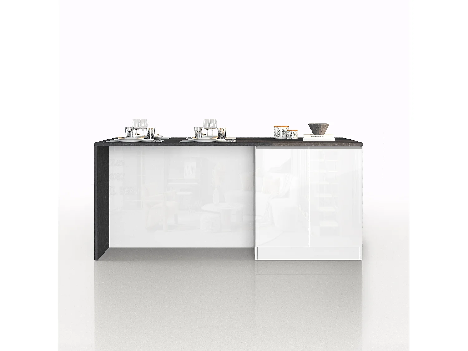 Îlot de cuisine Sole à 4 portes blanc brillant et ardoise report 200x90x90 cm