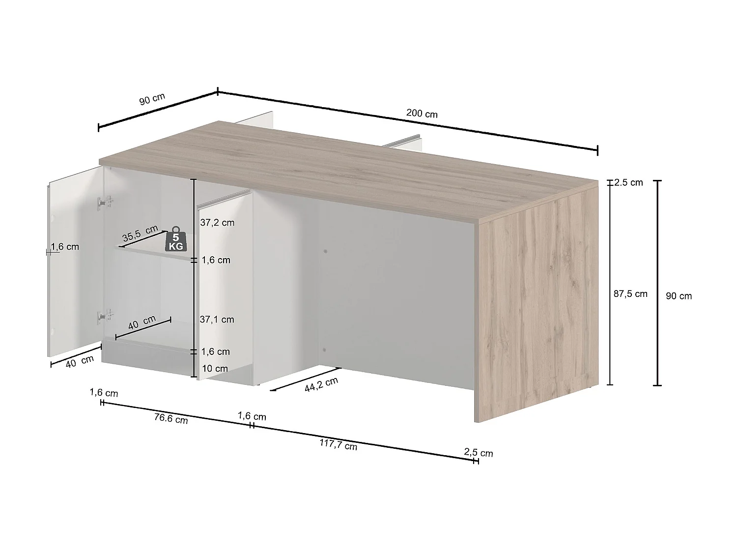 Îlot de cuisine Sole à 4 portes blanc brillant et ardoise report 200x90x90 cm
