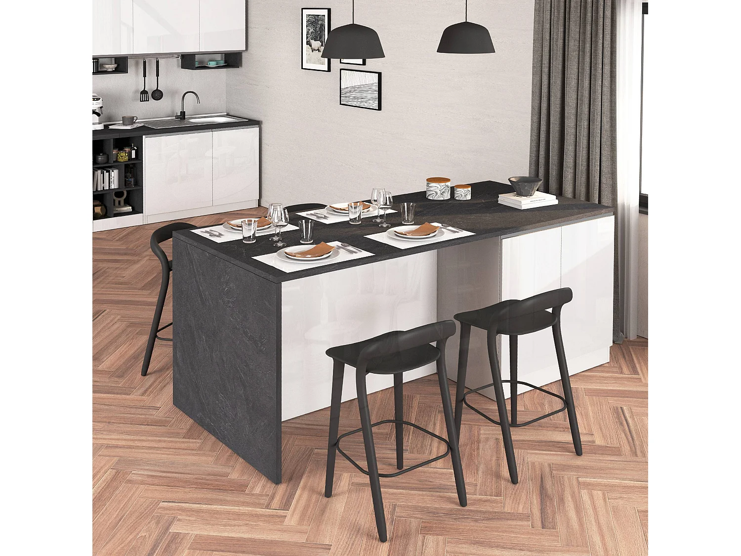 Îlot de cuisine Sole à 4 portes blanc brillant et ardoise report 200x90x90 cm