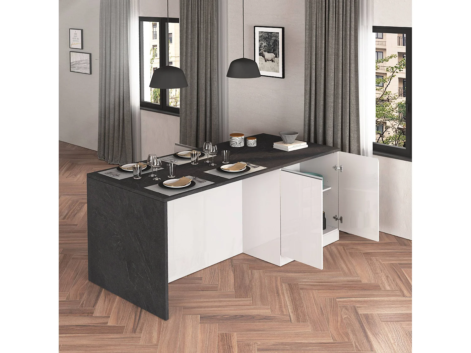 Îlot de cuisine Sole à 4 portes blanc brillant et ardoise report 200x90x90 cm