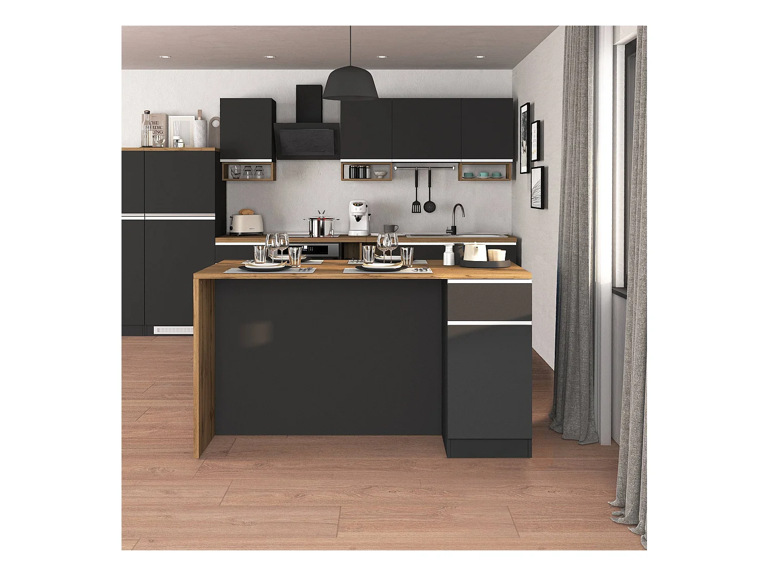 Isola da cucina Sole a 2 ante e 2 cassetti antracite opaco/rovere 160x90x90 cm