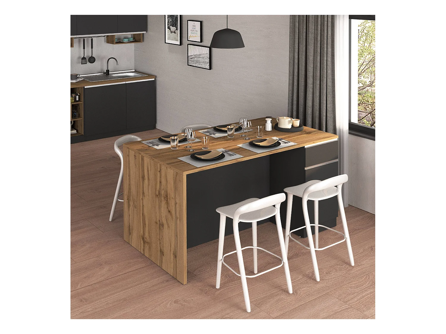 Isola da cucina Sole a 2 ante e 2 cassetti antracite opaco/rovere 160x90x90 cm