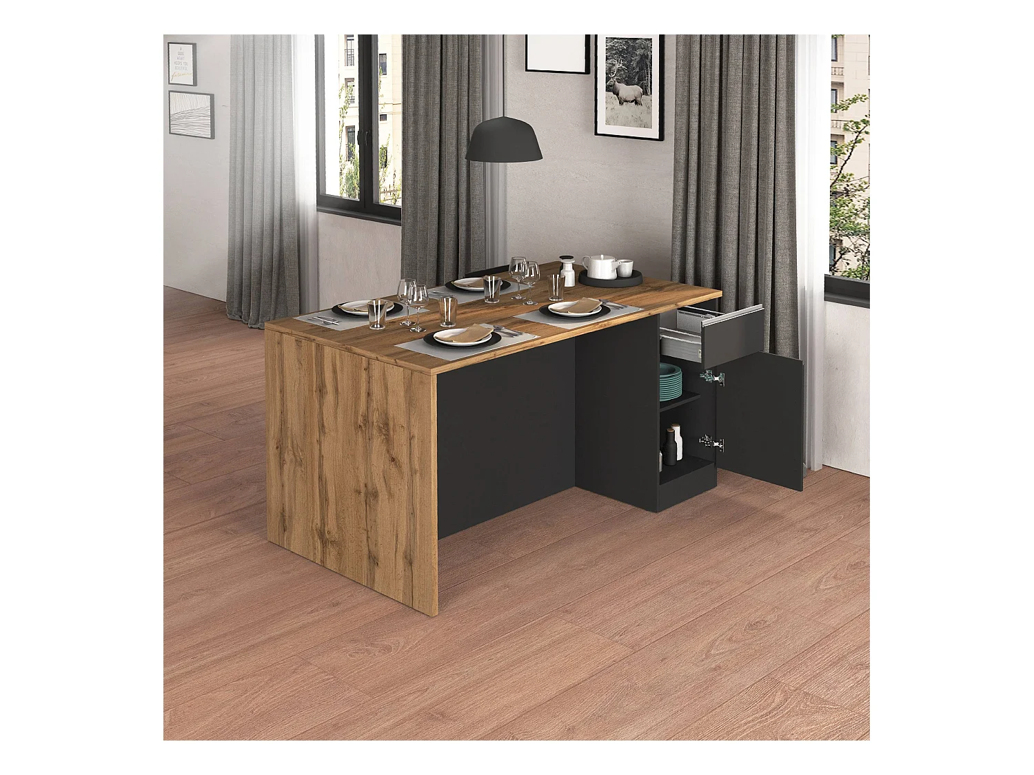 Isola da cucina Sole a 2 ante e 2 cassetti antracite opaco/rovere 160x90x90 cm