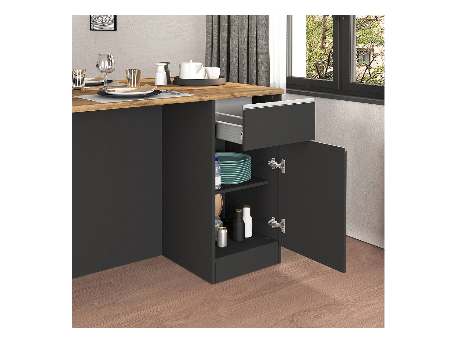 Isola da cucina Sole a 2 ante e 2 cassetti antracite opaco/rovere 160x90x90 cm